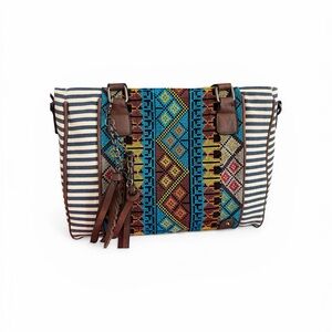 Boho Stripe & Embroidered Tote Bag in Blue and Brown